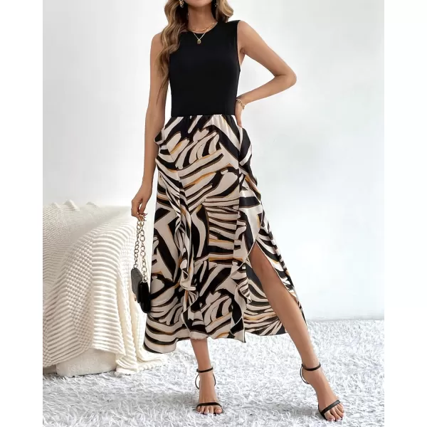 BTFBM Women Casual Sleeveless Summer Dresses 2024 Spring Crewneck Patchwork Boho Floral Ruffle Cocktail Party Midi DressStriped
