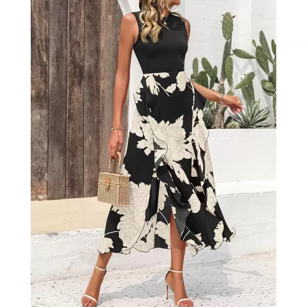 BTFBM Women Casual Sleeveless Summer Dresses 2024 Spring Crewneck Patchwork Boho Floral Ruffle Cocktail Party Midi DressWhite Floral Black