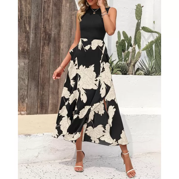 BTFBM Women Casual Sleeveless Summer Dresses 2024 Spring Crewneck Patchwork Boho Floral Ruffle Cocktail Party Midi DressWhite Floral Black