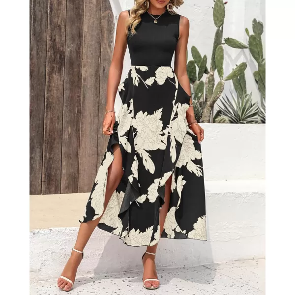BTFBM Women Casual Sleeveless Summer Dresses 2024 Spring Crewneck Patchwork Boho Floral Ruffle Cocktail Party Midi DressWhite Floral Black