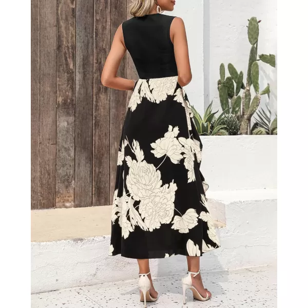 BTFBM Women Casual Sleeveless Summer Dresses 2024 Spring Crewneck Patchwork Boho Floral Ruffle Cocktail Party Midi DressWhite Floral Black
