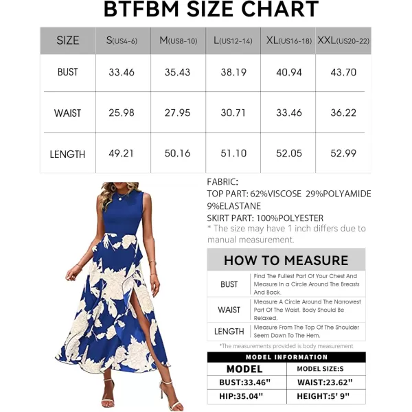 BTFBM Women Casual Sleeveless Summer Dresses 2024 Spring Crewneck Patchwork Boho Floral Ruffle Cocktail Party Midi DressWhite Floral Bright Blue