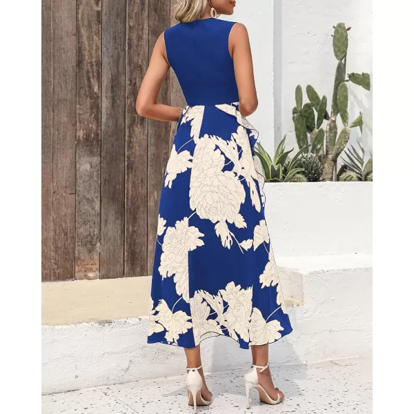 BTFBM Women Casual Sleeveless Summer Dresses 2024 Spring Crewneck Patchwork Boho Floral Ruffle Cocktail Party Midi DressWhite Floral Bright Blue