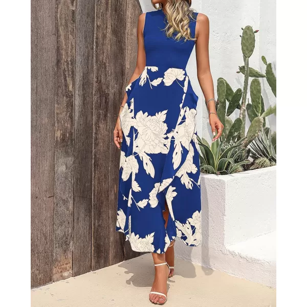 BTFBM Women Casual Sleeveless Summer Dresses 2024 Spring Crewneck Patchwork Boho Floral Ruffle Cocktail Party Midi DressWhite Floral Bright Blue
