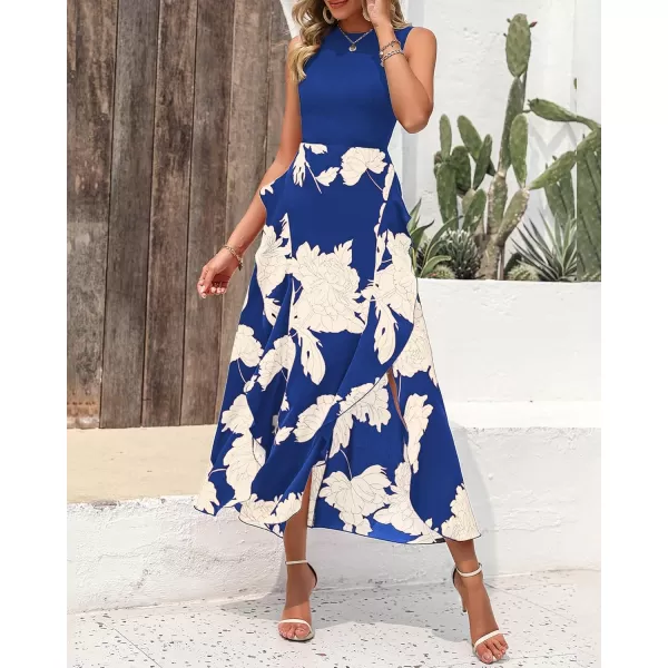 BTFBM Women Casual Sleeveless Summer Dresses 2024 Spring Crewneck Patchwork Boho Floral Ruffle Cocktail Party Midi DressWhite Floral Bright Blue