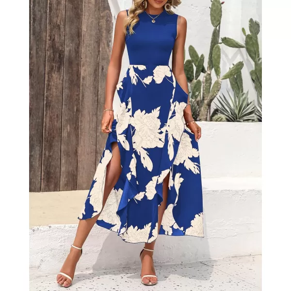 BTFBM Women Casual Sleeveless Summer Dresses 2024 Spring Crewneck Patchwork Boho Floral Ruffle Cocktail Party Midi DressWhite Floral Bright Blue