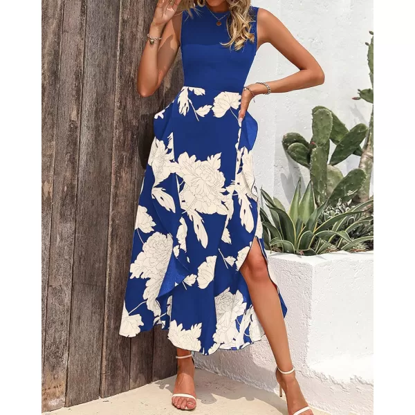 BTFBM Women Casual Sleeveless Summer Dresses 2024 Spring Crewneck Patchwork Boho Floral Ruffle Cocktail Party Midi DressWhite Floral Bright Blue