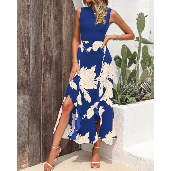 BTFBM Women Casual Sleeveless Summer Dresses 2024 Spring Crewneck Patchwork Boho Floral Ruffle Cocktail Party Midi DressWhite Floral Bright Blue