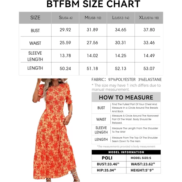 BTFBM Women Casual Summer Dresses 2024 Spring Crew Neck Ruffle Short Sleeve Floral Print Smocked Boho Flowy Maxi DressBig Floral Orange