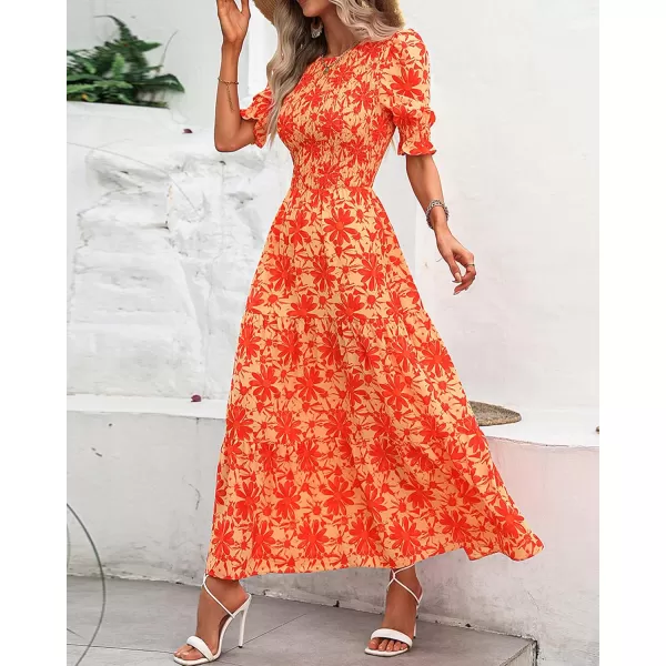 BTFBM Women Casual Summer Dresses 2024 Spring Crew Neck Ruffle Short Sleeve Floral Print Smocked Boho Flowy Maxi DressBig Floral Orange