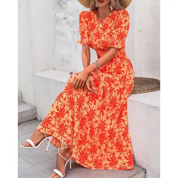 BTFBM Women Casual Summer Dresses 2024 Spring Crew Neck Ruffle Short Sleeve Floral Print Smocked Boho Flowy Maxi DressBig Floral Orange