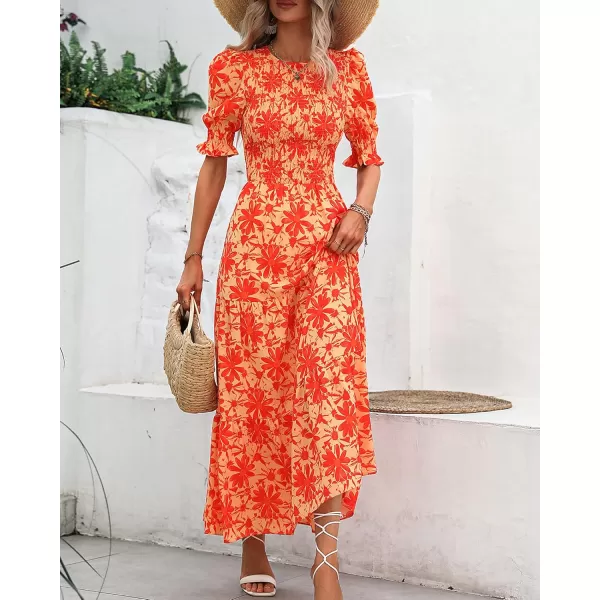 BTFBM Women Casual Summer Dresses 2024 Spring Crew Neck Ruffle Short Sleeve Floral Print Smocked Boho Flowy Maxi DressBig Floral Orange