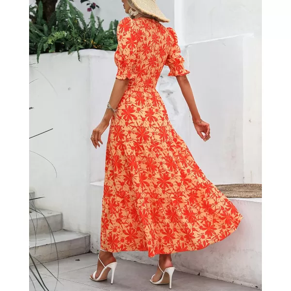 BTFBM Women Casual Summer Dresses 2024 Spring Crew Neck Ruffle Short Sleeve Floral Print Smocked Boho Flowy Maxi DressBig Floral Orange