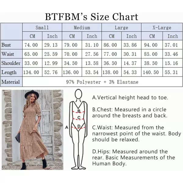 BTFBM Women Casual Summer Dresses 2024 Spring Crew Neck Ruffle Short Sleeve Floral Print Smocked Boho Flowy Maxi DressDot Apricot Brown