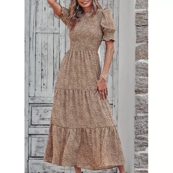 BTFBM Women Casual Summer Dresses 2024 Spring Crew Neck Ruffle Short Sleeve Floral Print Smocked Boho Flowy Maxi DressDot Apricot Brown