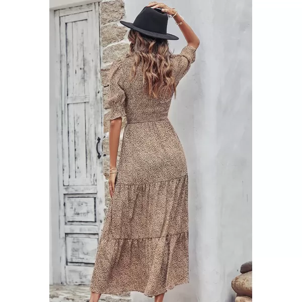 BTFBM Women Casual Summer Dresses 2024 Spring Crew Neck Ruffle Short Sleeve Floral Print Smocked Boho Flowy Maxi DressDot Apricot Brown