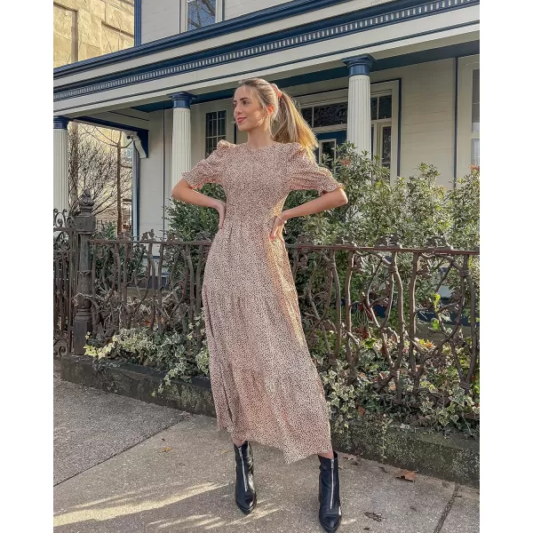 BTFBM Women Casual Summer Dresses 2024 Spring Crew Neck Ruffle Short Sleeve Floral Print Smocked Boho Flowy Maxi DressDot Apricot Brown