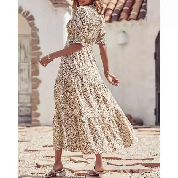 BTFBM Women Casual Summer Dresses 2024 Spring Crew Neck Ruffle Short Sleeve Floral Print Smocked Boho Flowy Maxi DressDot Apricot Coffee