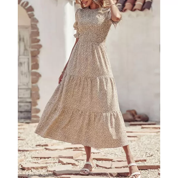 BTFBM Women Casual Summer Dresses 2024 Spring Crew Neck Ruffle Short Sleeve Floral Print Smocked Boho Flowy Maxi DressDot Apricot Coffee