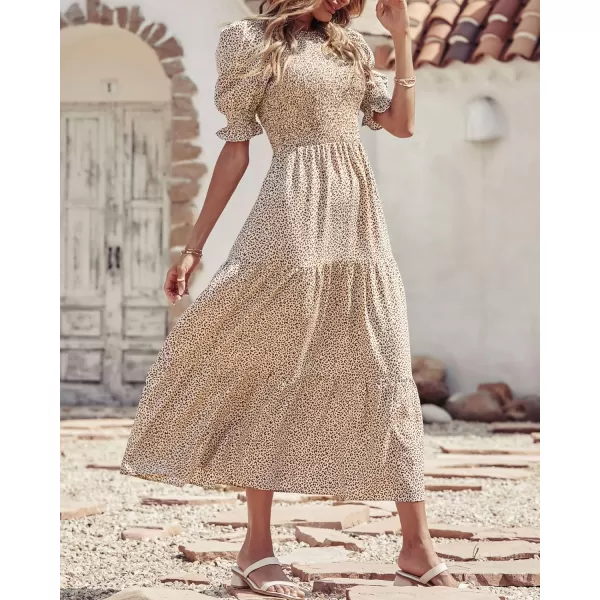 BTFBM Women Casual Summer Dresses 2024 Spring Crew Neck Ruffle Short Sleeve Floral Print Smocked Boho Flowy Maxi DressDot Apricot Coffee