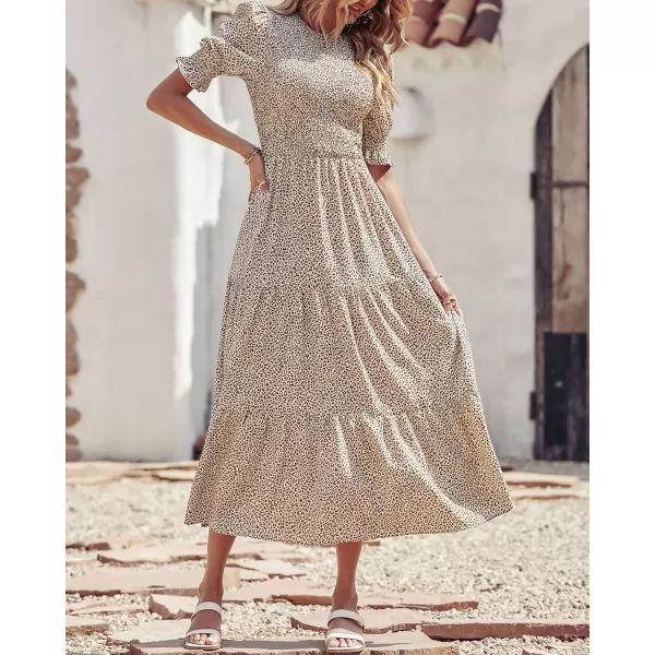 BTFBM Women Casual Summer Dresses 2024 Spring Crew Neck Ruffle Short Sleeve Floral Print Smocked Boho Flowy Maxi DressDot Apricot Coffee