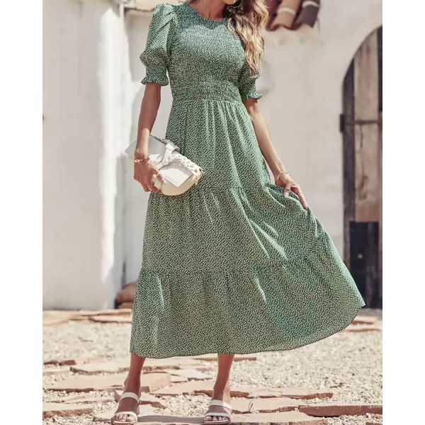 BTFBM Women Casual Summer Dresses 2024 Spring Crew Neck Ruffle Short Sleeve Floral Print Smocked Boho Flowy Maxi DressDot Green White