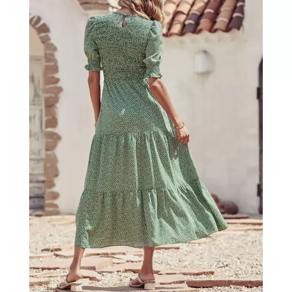 BTFBM Women Casual Summer Dresses 2024 Spring Crew Neck Ruffle Short Sleeve Floral Print Smocked Boho Flowy Maxi DressDot Green White