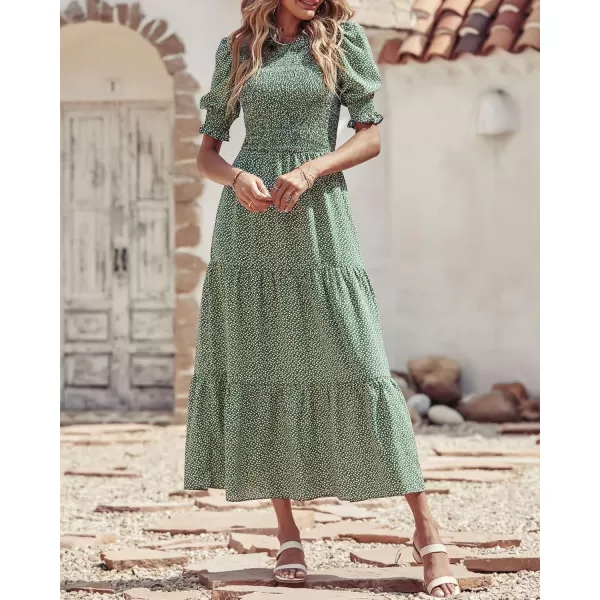 BTFBM Women Casual Summer Dresses 2024 Spring Crew Neck Ruffle Short Sleeve Floral Print Smocked Boho Flowy Maxi DressDot Green White