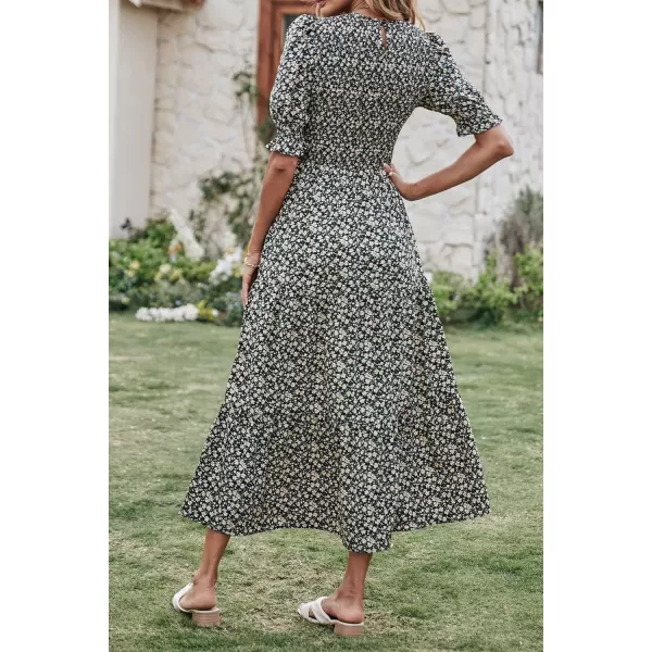 BTFBM Women Casual Summer Dresses 2024 Spring Crew Neck Ruffle Short Sleeve Floral Print Smocked Boho Flowy Maxi DressFloral Black Apricot