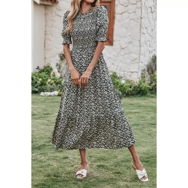 BTFBM Women Casual Summer Dresses 2024 Spring Crew Neck Ruffle Short Sleeve Floral Print Smocked Boho Flowy Maxi DressFloral Black Apricot