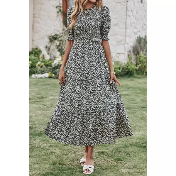 BTFBM Women Casual Summer Dresses 2024 Spring Crew Neck Ruffle Short Sleeve Floral Print Smocked Boho Flowy Maxi DressFloral Black Apricot