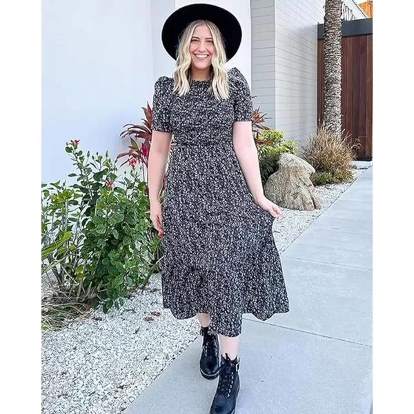 BTFBM Women Casual Summer Dresses 2024 Spring Crew Neck Ruffle Short Sleeve Floral Print Smocked Boho Flowy Maxi DressFloral Black White