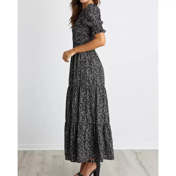 BTFBM Women Casual Summer Dresses 2024 Spring Crew Neck Ruffle Short Sleeve Floral Print Smocked Boho Flowy Maxi DressFloral Black White