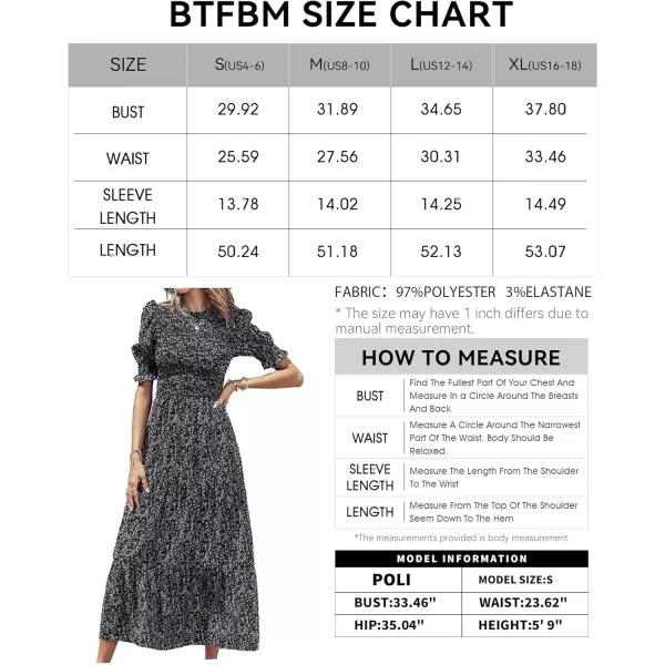 BTFBM Women Casual Summer Dresses 2024 Spring Crew Neck Ruffle Short Sleeve Floral Print Smocked Boho Flowy Maxi DressFloral Black White