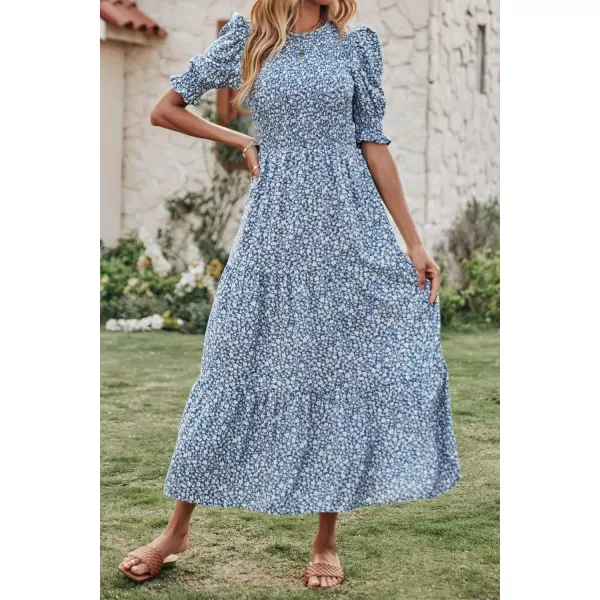 BTFBM Women Casual Summer Dresses 2024 Spring Crew Neck Ruffle Short Sleeve Floral Print Smocked Boho Flowy Maxi DressFloral Blue White