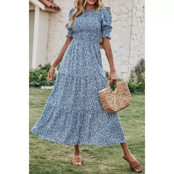 BTFBM Women Casual Summer Dresses 2024 Spring Crew Neck Ruffle Short Sleeve Floral Print Smocked Boho Flowy Maxi DressFloral Blue White