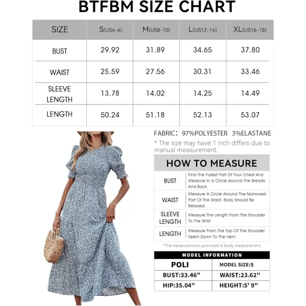 BTFBM Women Casual Summer Dresses 2024 Spring Crew Neck Ruffle Short Sleeve Floral Print Smocked Boho Flowy Maxi DressFloral Blue White