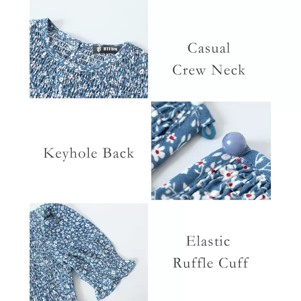 BTFBM Women Casual Summer Dresses 2024 Spring Crew Neck Ruffle Short Sleeve Floral Print Smocked Boho Flowy Maxi DressFloral Blue White