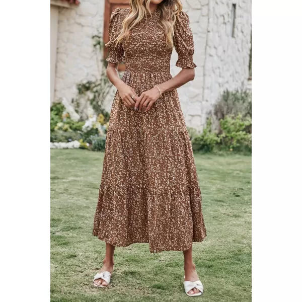 BTFBM Women Casual Summer Dresses 2024 Spring Crew Neck Ruffle Short Sleeve Floral Print Smocked Boho Flowy Maxi DressFloral Coffee White