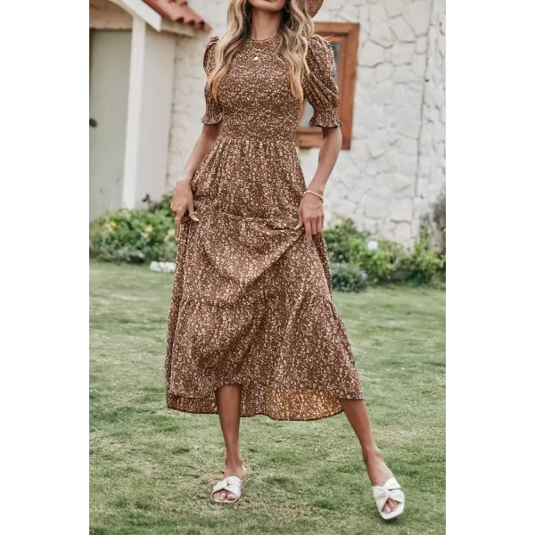 BTFBM Women Casual Summer Dresses 2024 Spring Crew Neck Ruffle Short Sleeve Floral Print Smocked Boho Flowy Maxi DressFloral Coffee White