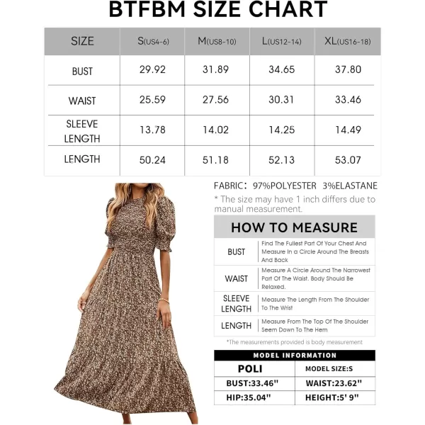 BTFBM Women Casual Summer Dresses 2024 Spring Crew Neck Ruffle Short Sleeve Floral Print Smocked Boho Flowy Maxi DressFloral Coffee White