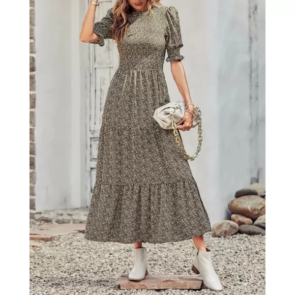 BTFBM Women Casual Summer Dresses 2024 Spring Crew Neck Ruffle Short Sleeve Floral Print Smocked Boho Flowy Maxi DressFloral Green
