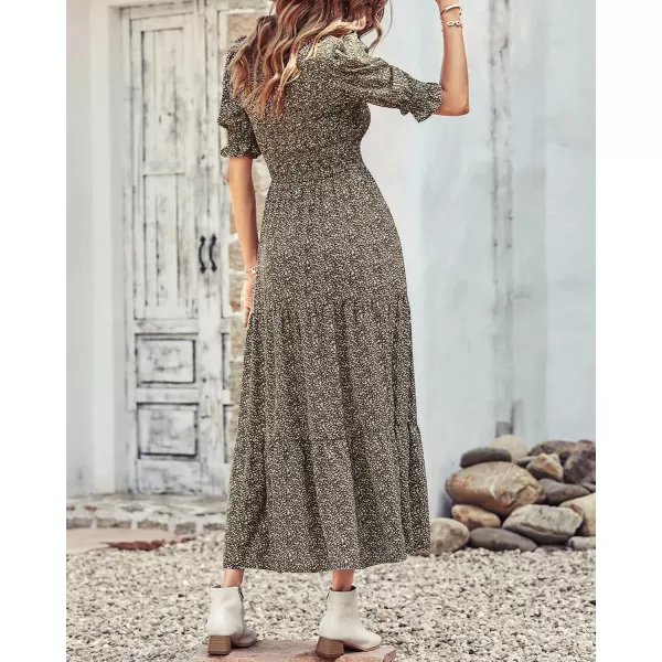 BTFBM Women Casual Summer Dresses 2024 Spring Crew Neck Ruffle Short Sleeve Floral Print Smocked Boho Flowy Maxi DressFloral Green