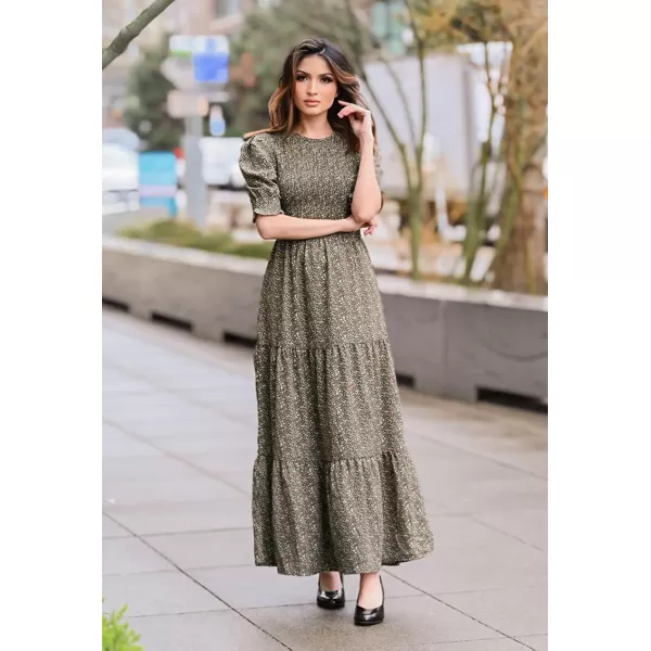BTFBM Women Casual Summer Dresses 2024 Spring Crew Neck Ruffle Short Sleeve Floral Print Smocked Boho Flowy Maxi DressFloral Green