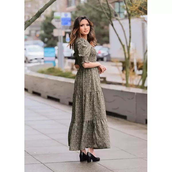 BTFBM Women Casual Summer Dresses 2024 Spring Crew Neck Ruffle Short Sleeve Floral Print Smocked Boho Flowy Maxi DressFloral Green