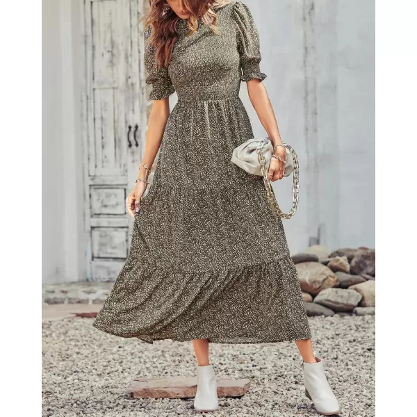 BTFBM Women Casual Summer Dresses 2024 Spring Crew Neck Ruffle Short Sleeve Floral Print Smocked Boho Flowy Maxi DressFloral Green