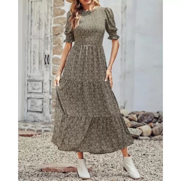 BTFBM Women Casual Summer Dresses 2024 Spring Crew Neck Ruffle Short Sleeve Floral Print Smocked Boho Flowy Maxi DressFloral Green