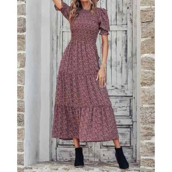 BTFBM Women Casual Summer Dresses 2024 Spring Crew Neck Ruffle Short Sleeve Floral Print Smocked Boho Flowy Maxi DressFloral Wine Red White