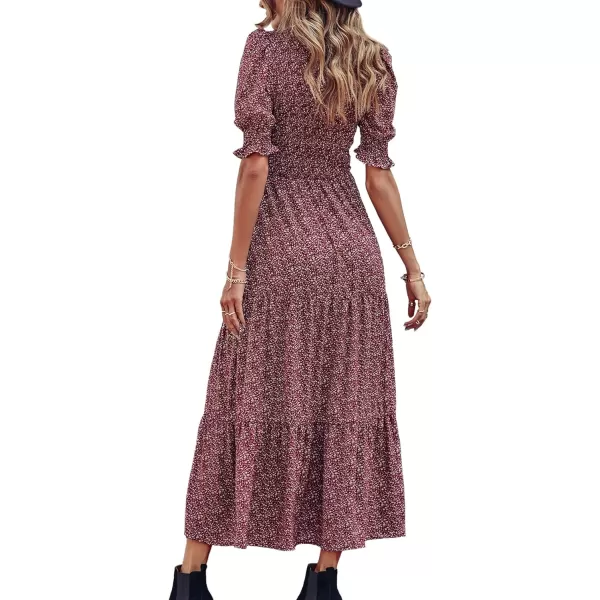 BTFBM Women Casual Summer Dresses 2024 Spring Crew Neck Ruffle Short Sleeve Floral Print Smocked Boho Flowy Maxi DressFloral Wine Red White