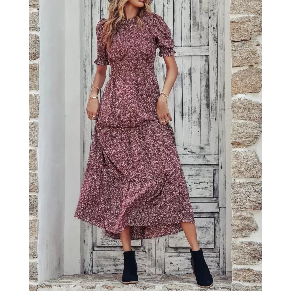 BTFBM Women Casual Summer Dresses 2024 Spring Crew Neck Ruffle Short Sleeve Floral Print Smocked Boho Flowy Maxi DressFloral Wine Red White